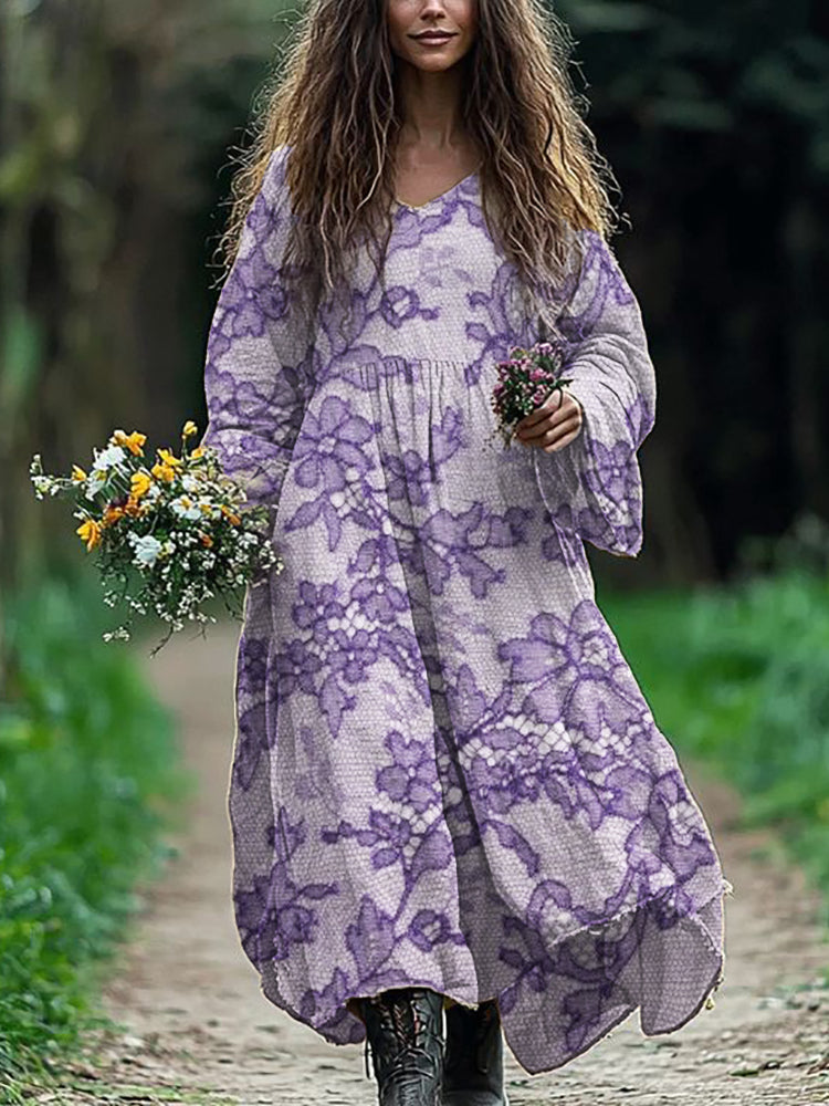 Classy Purple Floral Lace Flowy Linen Maxi Dress elevenforest
