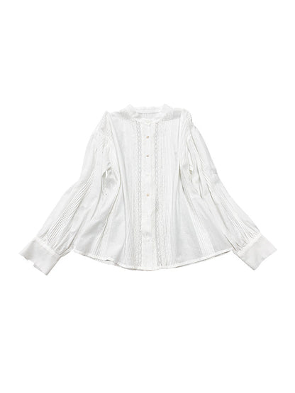 Long Sleeves Loose Buttoned Pleated Color Split-joint Stand Collar Blouses&shirts Tops