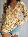 Women's Casual Vintage Floral Art Print V Neck Long Sleeve Tops
