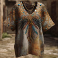 Western Colorful Feather Gemstone Element Tie-dye V-neck Linen Short-sleeved Shirt elevenforest
