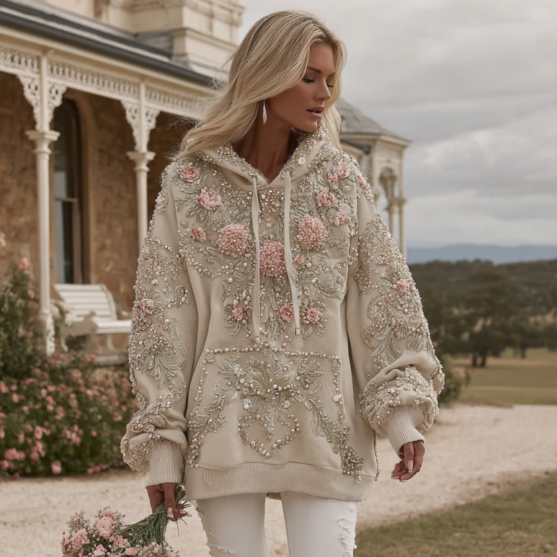 Women's Pink Floral Embroidery Art Long Sleeve Casual Hoodie elevenforest