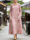 Comstylish Apanese Sakura Patchwork Pattern Women's Linen Long Sleeve Maxi Dress