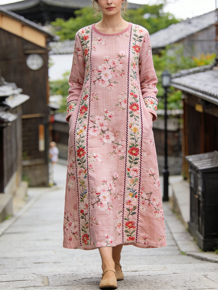 Comstylish Apanese Sakura Patchwork Pattern Women's Linen Long Sleeve Maxi Dress
