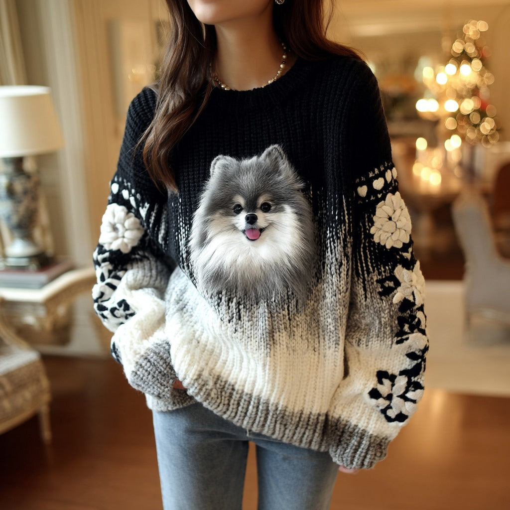 Comstylish Fluffy Baby Puppy Pomeranian Floral Gradient Cozy Knit Sweater