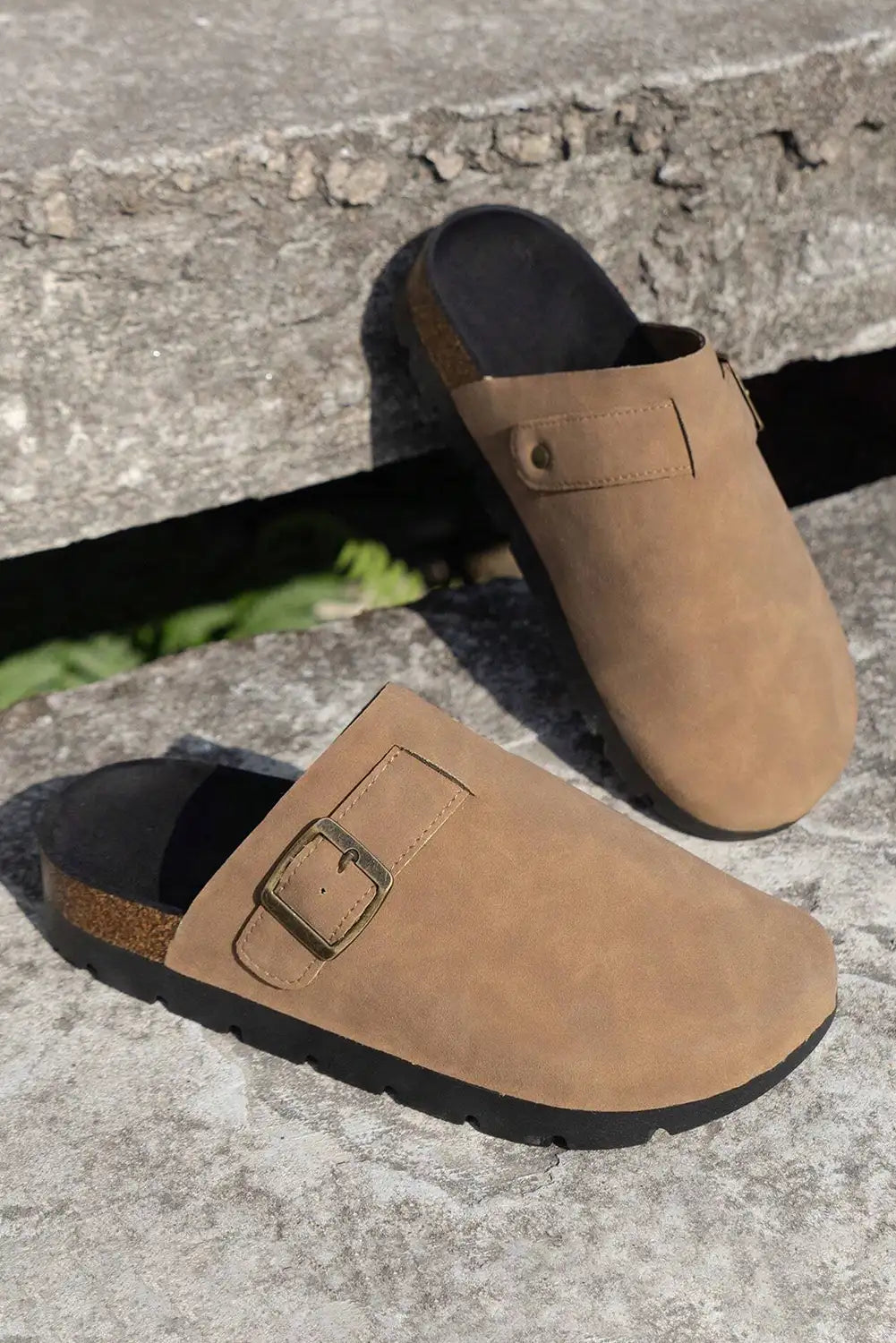 French Beige Suede Buckle Slippers