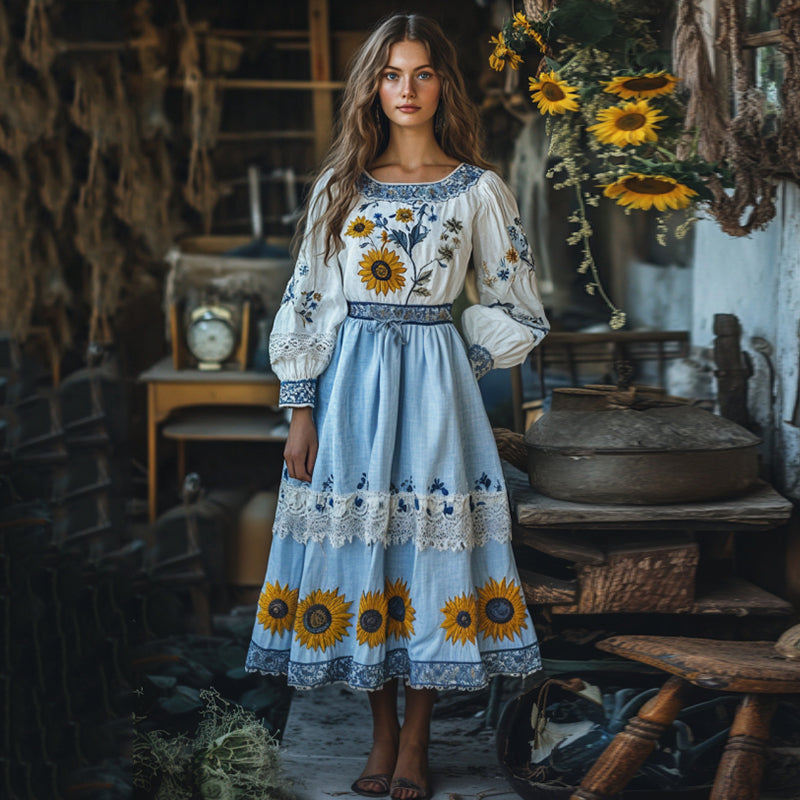 Vintage Sunflower Gradient Lace Art Linen V Neck Midi Dress elevenforest