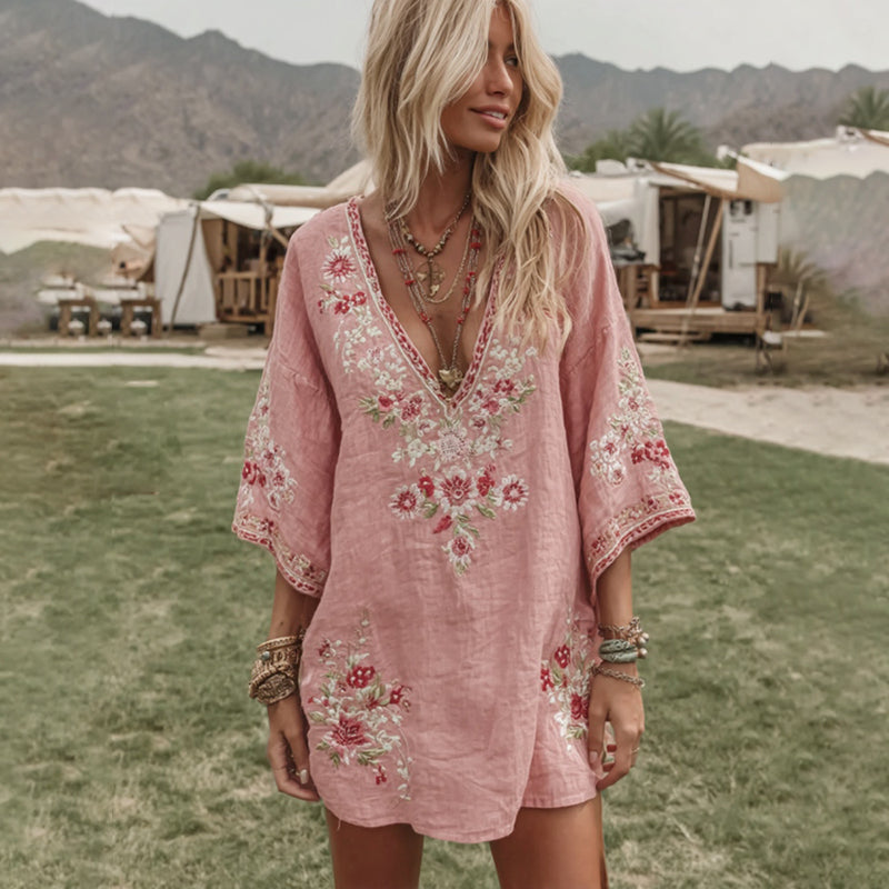 Women's Vintage Floral Art V Neck Midi Dress elevenforest