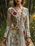 Vintage Forest Floral Embroidery Art Women's Linen Flowy Maxi Dress elevenforest