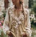 Bohemian Style Three-dimensional Flower Pattern Women's V-neck Long-sleeve Cotton And Linen Shirt elevenforest