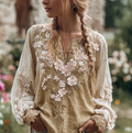 Bohemian Style Three-dimensional Flower Pattern Women's V-neck Long-sleeve Cotton And Linen Shirt elevenforest