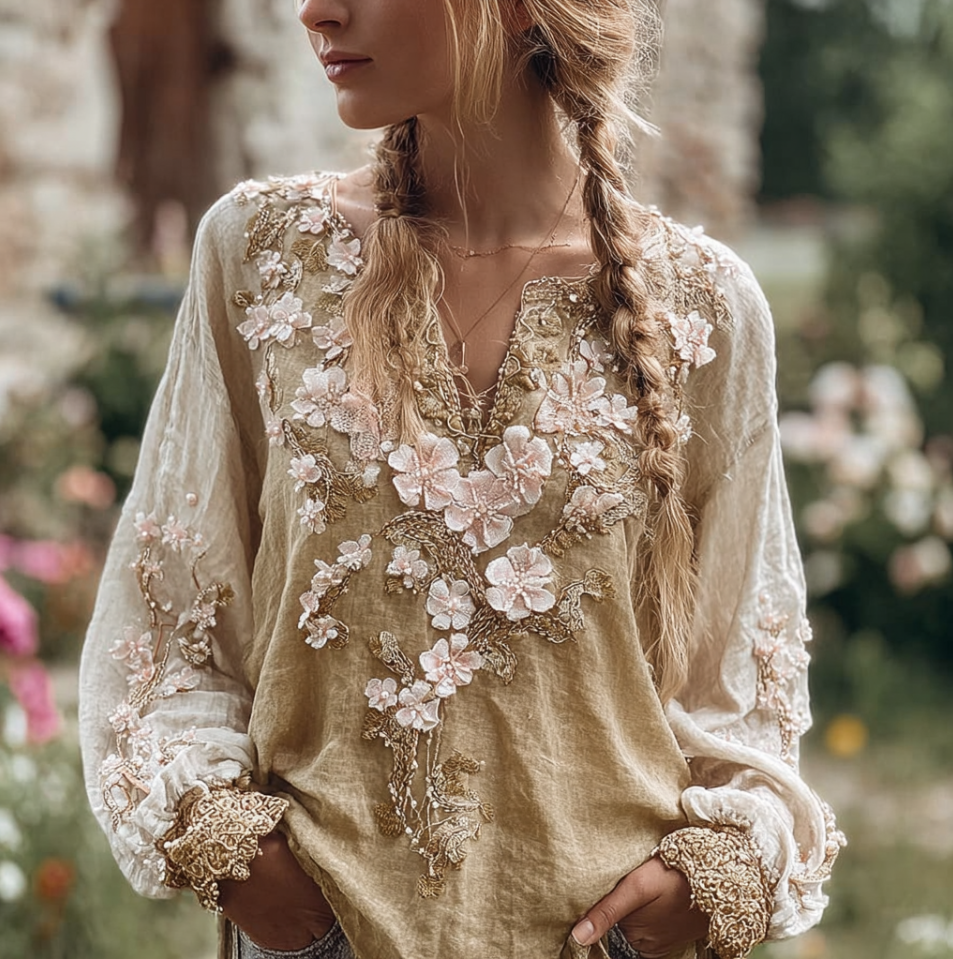 Bohemian Style Three-dimensional Flower Pattern Women's V-neck Long-sleeve Cotton And Linen Shirt elevenforest