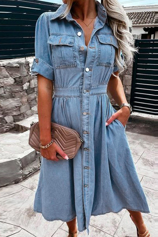 Street Pocket Buckle Turndown Collar Long Sleeve Denim Dresses