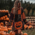 Vintage Halloween Pumpkin Face With Floral Patchwork Art Linen Cozy Knit Sweater Dress elevenforest