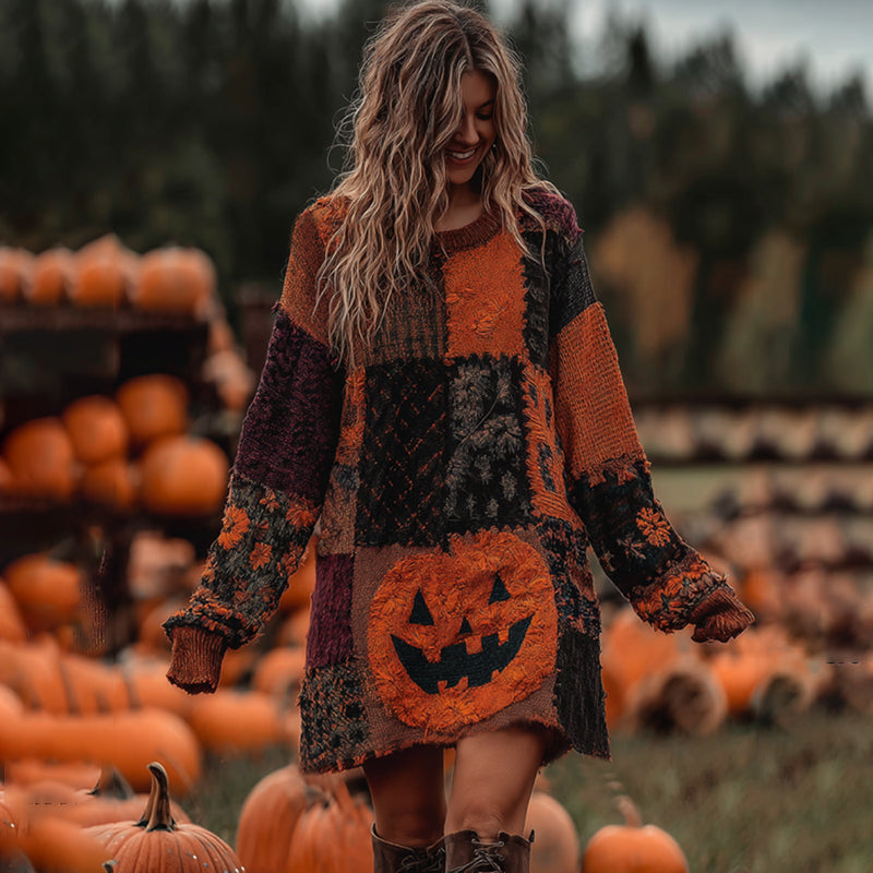 Vintage Halloween Pumpkin Face With Floral Patchwork Art Linen Cozy Knit Sweater Dress elevenforest