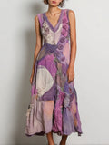 Vintage Purple Roses Embroidered Patchwork Linen Tank Dress elevenforest