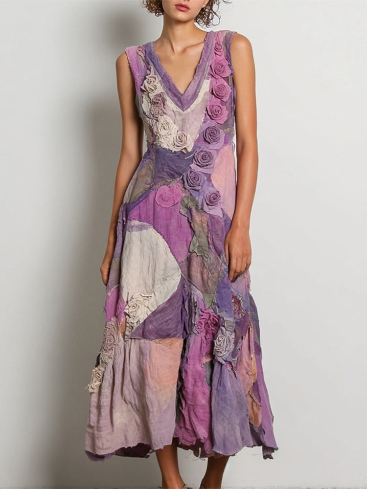 Vintage Purple Roses Embroidered Patchwork Linen Tank Dress elevenforest