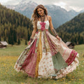 Women's Retro Floral Art Linen Patch Suspenders Dress elevenforest