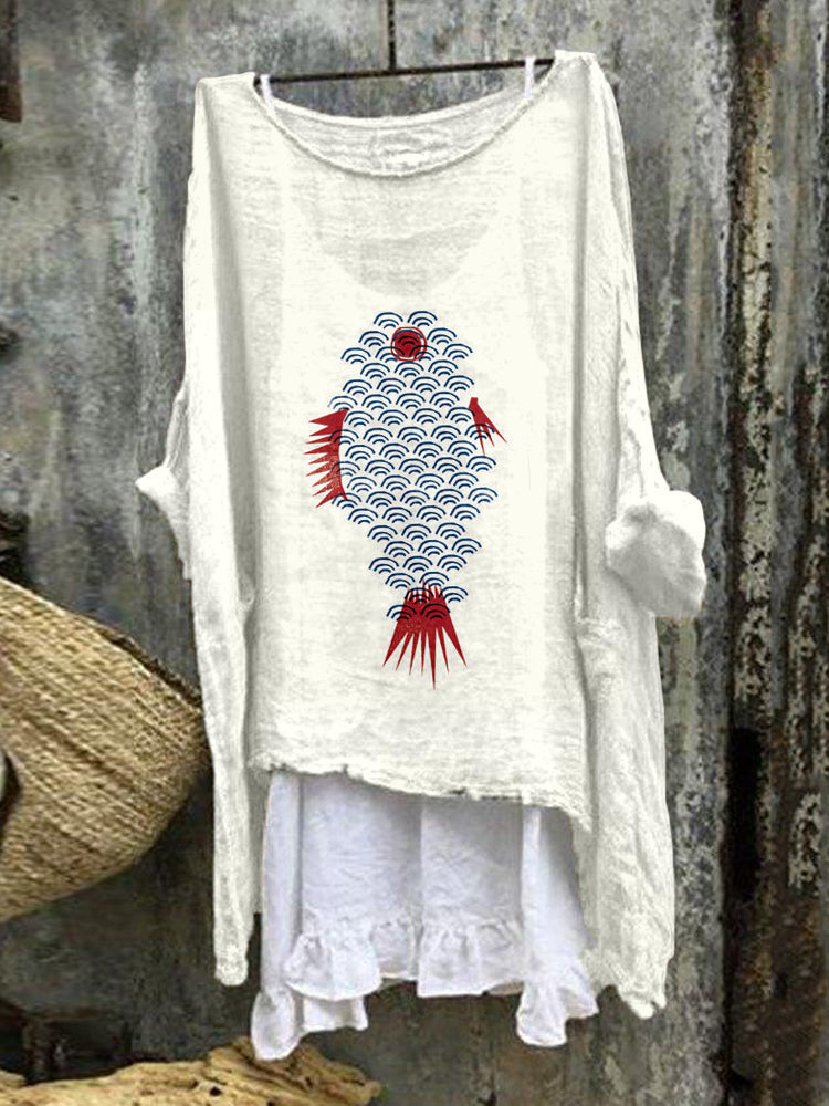 Comstylish Japanese Inspired Fish Art Linen Blend Flowy Tunic