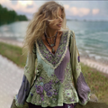 Vintage Purple Lavender And Floral Embroidered Linen V Neck Long Sleeve Shirt elevenforest