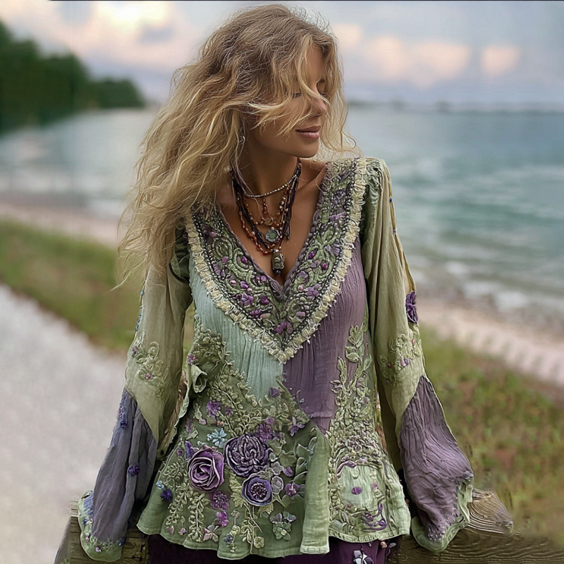 Vintage Purple Lavender And Floral Embroidered Linen V Neck Long Sleeve Shirt elevenforest
