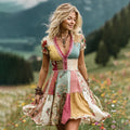 Women's Vintage Floral Patch Art Linen Comfy Midi Dress elevenforest