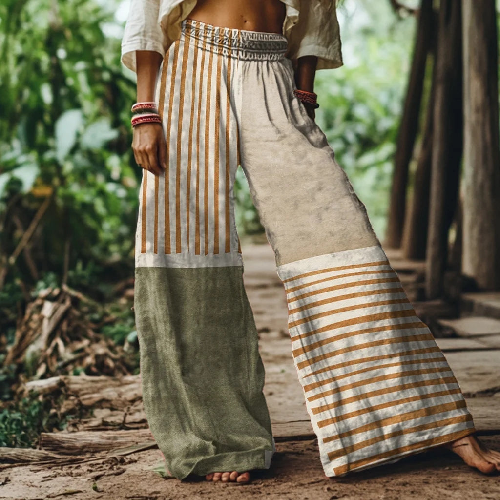 Retro Abstract Geometric Art Women's Linen Blend Casual Pants elevenforest