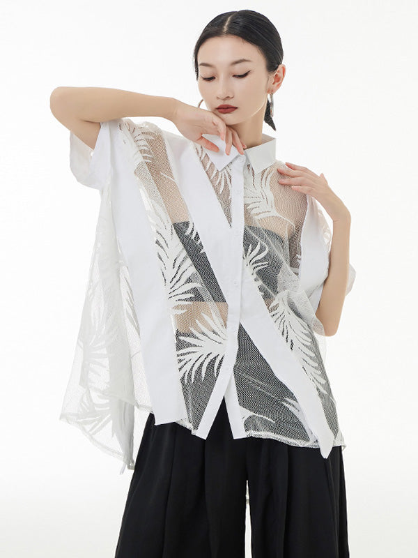 Stylish Loose Half Sleeves Buttoned Mesh Hollow See-through Blouses&shirts Tops