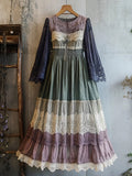 Vintage Lace Patchwork Clashing Color Women's Linen Long Dress elevenforest