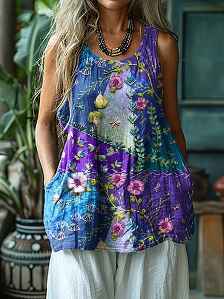 Women's Alzheimer's Purple Floral Print Linen Tank Top elevenforest
