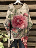 Women's Vintage Butterfly Floral Pattern Round Neck Top