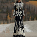 Women's Halloween Skeleton Bones With Rose Art Cozy Long Sleeve Maxi Dress elevenforest