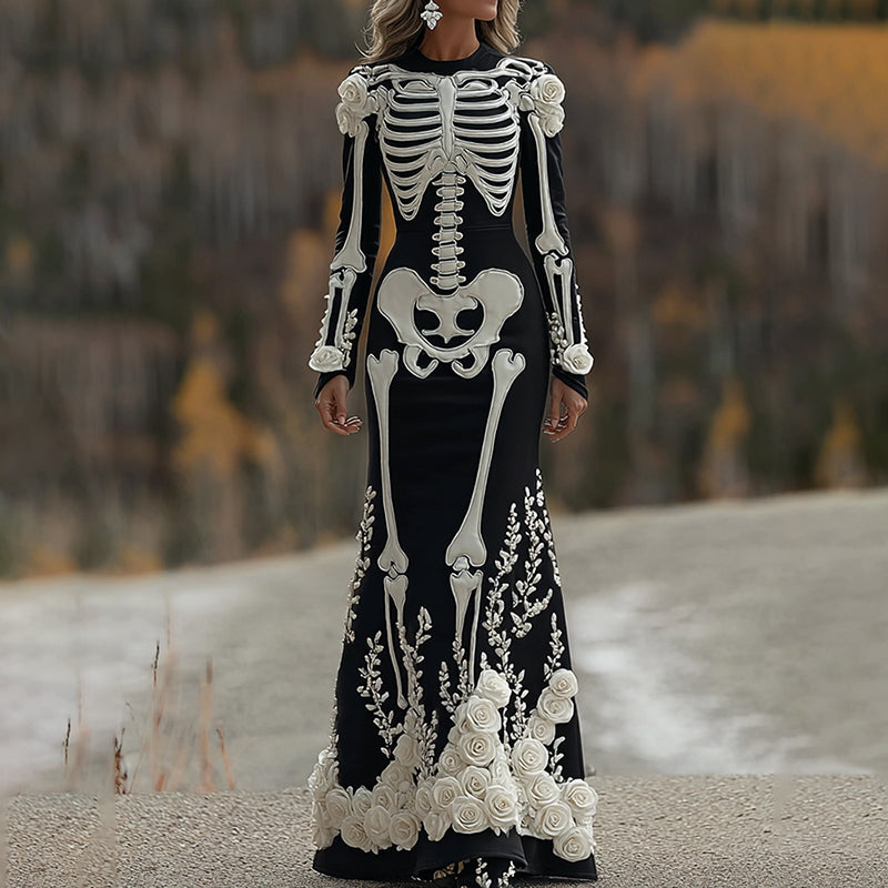Women's Halloween Skeleton Bones With Rose Art Cozy Long Sleeve Maxi Dress elevenforest