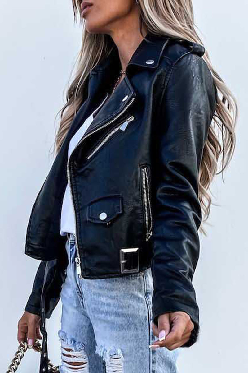 Street Zipper Turndown Collar Outerwear
