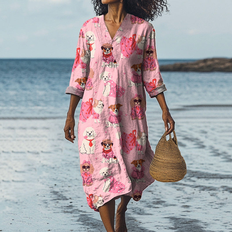 Romantic Puppy Dog Pattern Printed Women's Dress elevenforest