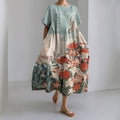 Comstylish Women's Vintage Japanese Floral And Bird Art Print Midi Dress