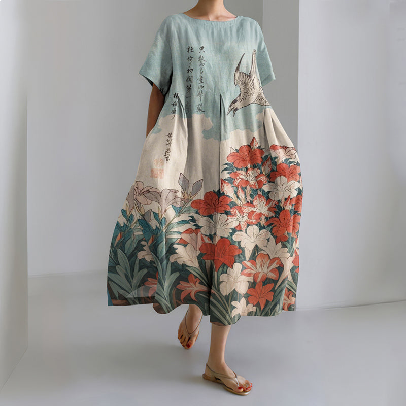 Comstylish Women's Vintage Japanese Floral And Bird Art Print Midi Dress