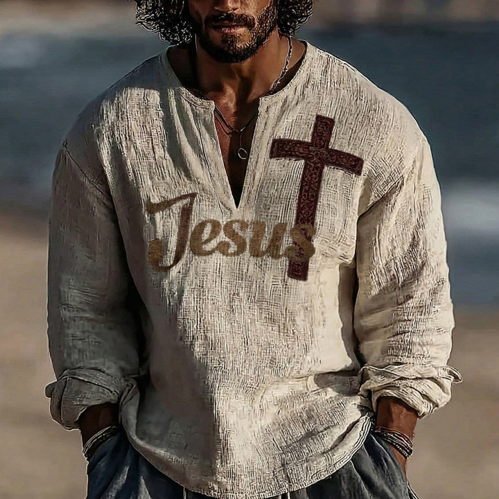 Men's Vintage Faith Cross Jesus Art Loose And Comfortable Cotton And Linen Long-sleeved Shirt elevenforest