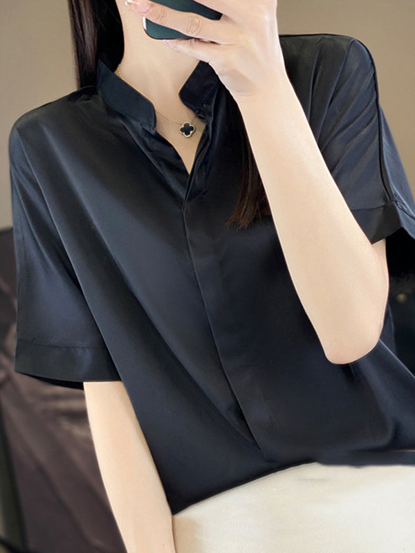 Loose Short Sleeves Buttoned Color Stand Collar Blouses&shirts Tops