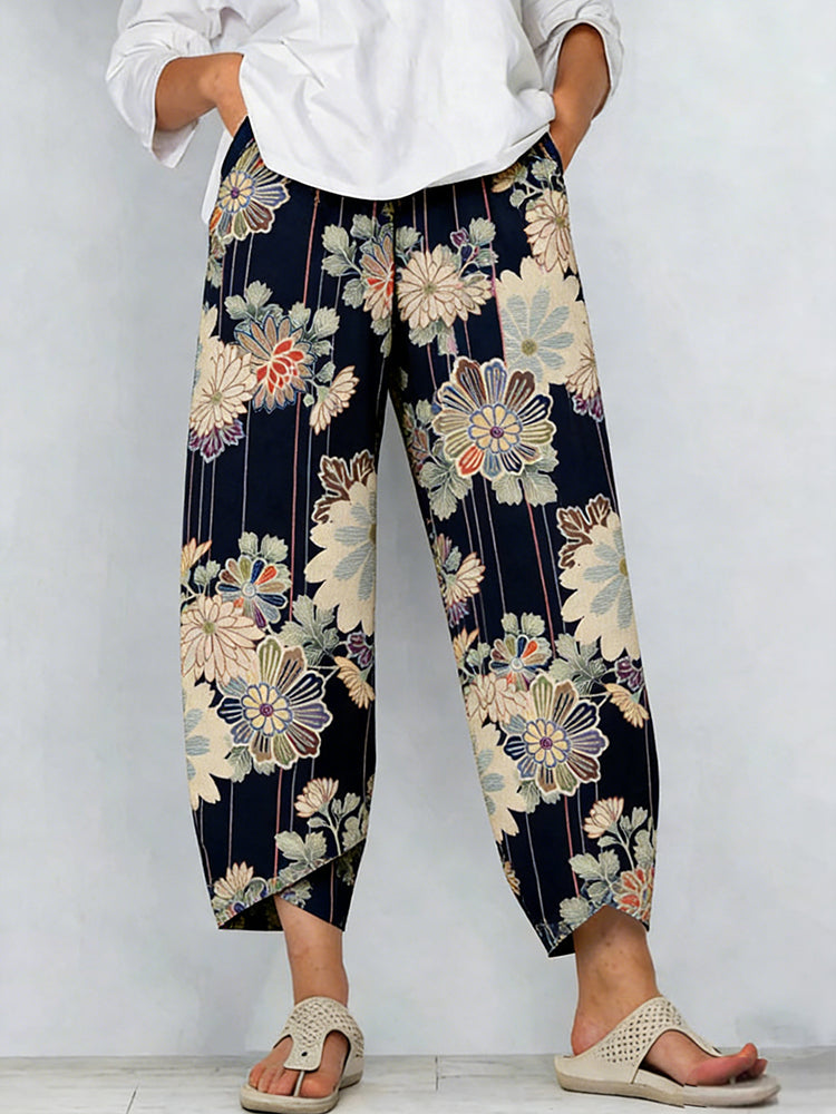 Comstylish Japanese Floral Linen Casual Trousers