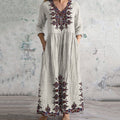 Vintage Cretan Pattern V-neck Linen Blend Midi Dress elevenforest