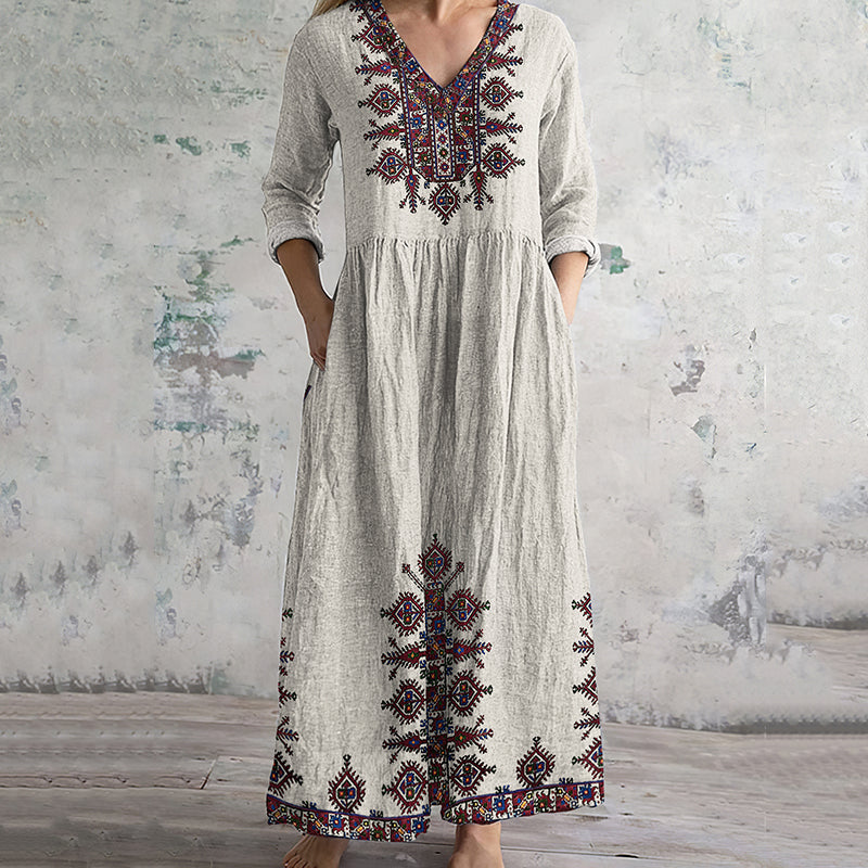 Vintage Cretan Pattern V-neck Linen Blend Midi Dress elevenforest