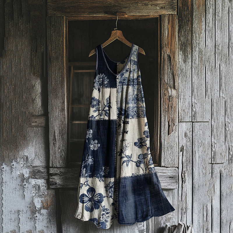 Women's Vintage Floral Geometry Art Linen Tank Dress elevenforest