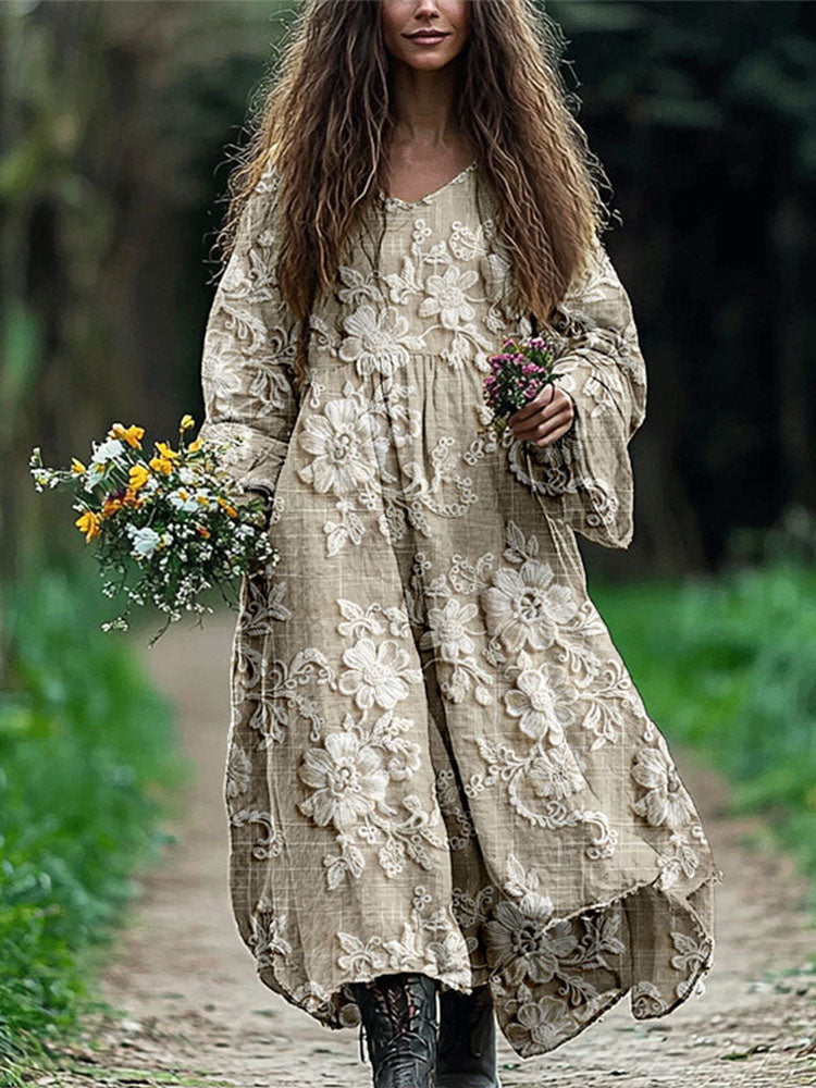 Vintage Floral Lace Embroidered Linen Blend Maxi Dress elevenforest