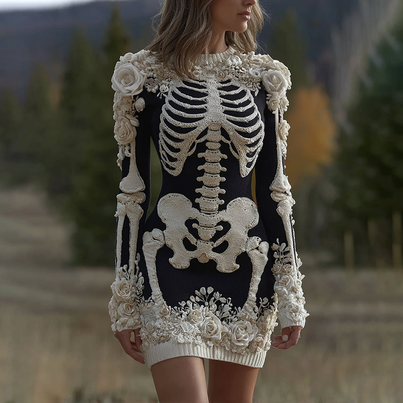 Women's Halloween Skeleton Bones With Rose Art Cozy Knit Mini Sweater Dress elevenforest