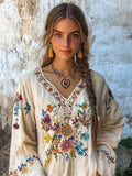 Retro Bohemian Floral Embroidered Linen Blend Comfy Shirt elevenforest