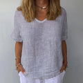 Women's Retro Striped Jacquard Casual V-Neck Cotton And Linen Top elevenforest