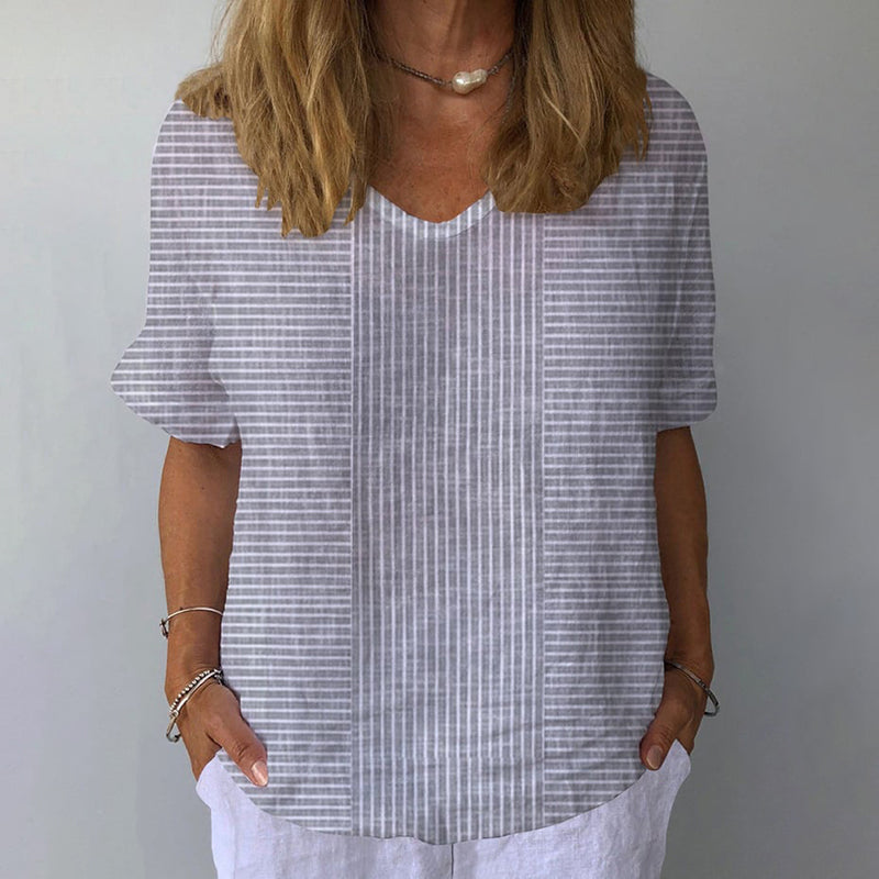 Women's Retro Striped Jacquard Casual V-Neck Cotton And Linen Top elevenforest