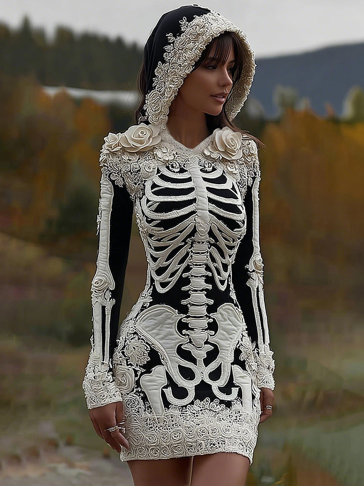 Comstylish Women's Vintage Halloween Skeleton Bones With Rose Art Cozy Knit Hooded Sweater Dress