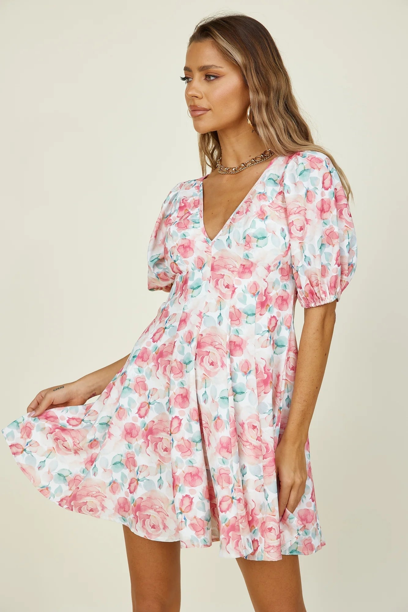 ’s Spring Summer Short Sleeve V-neck Printed Dress – Print Mini Dress