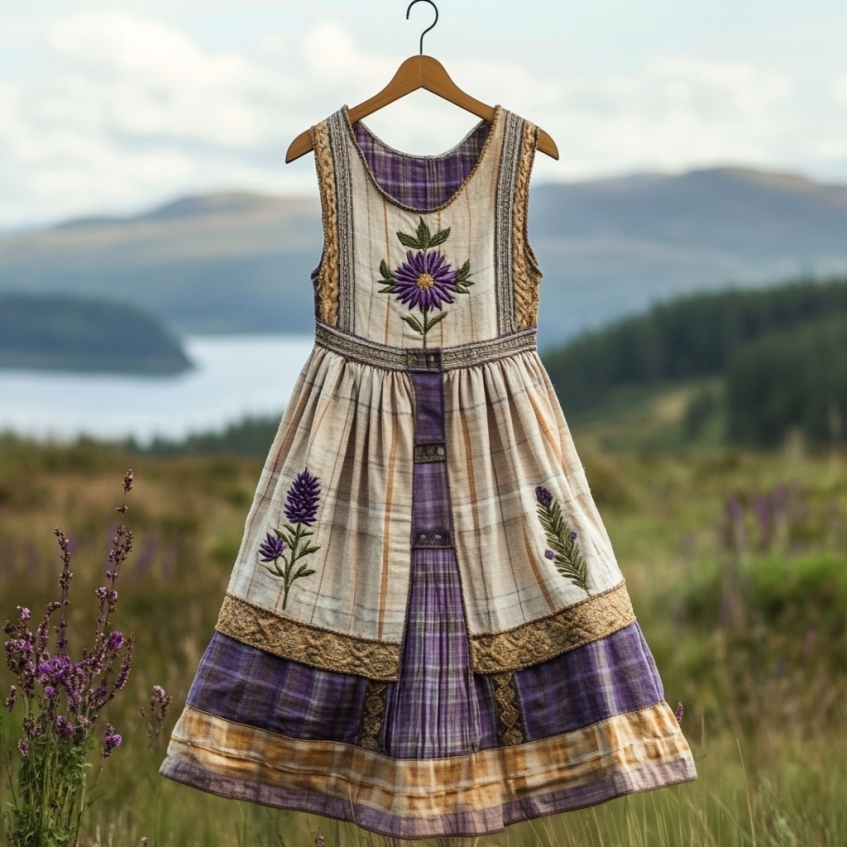 Vintage Boho Scottish Thistle With Plaid Patchwork Embroidered Cozy Linen Midi Dress elevenforest